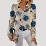 Women v neck floral knit spring jumper