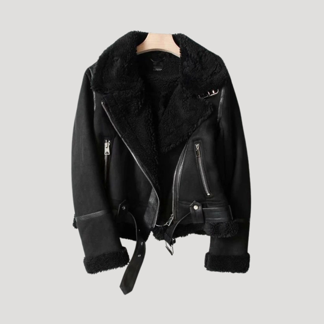 Women faux shearling biker jacket