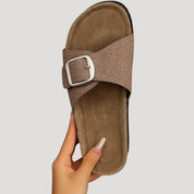 Women’s comfortable buckle slide sandals – flat footbed
