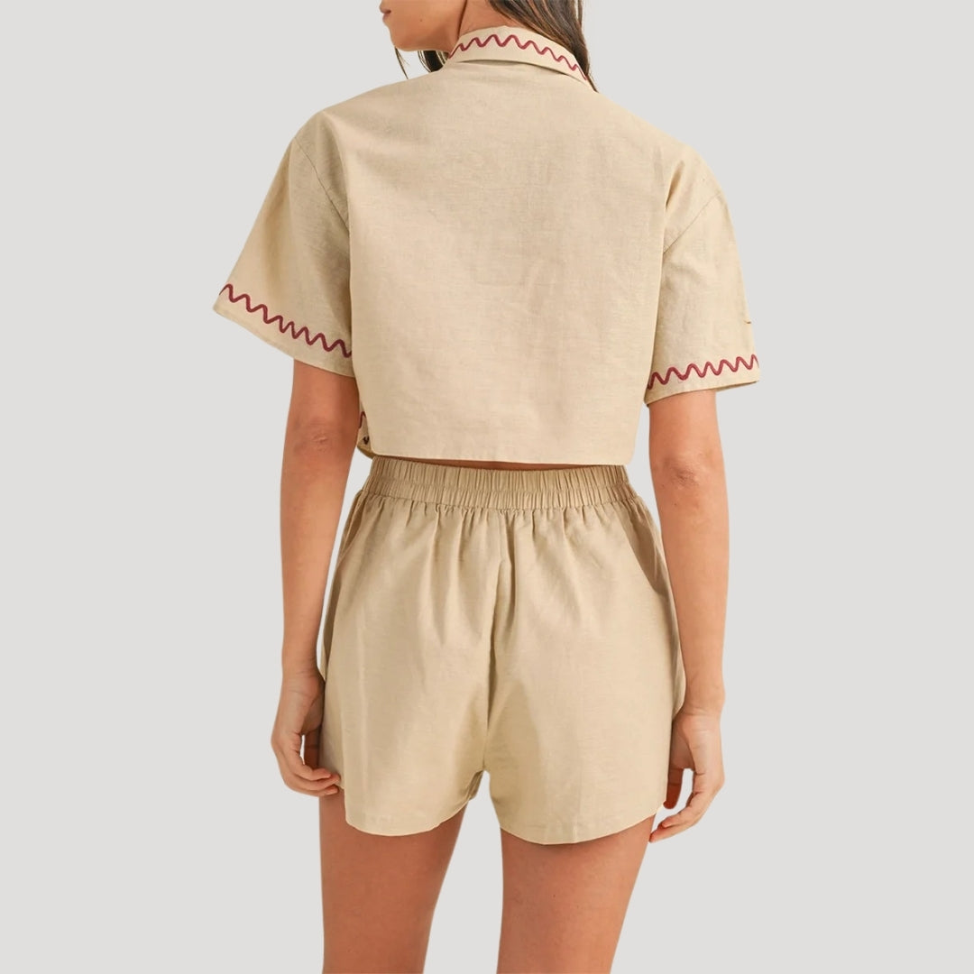 Embroidered linen crop shirt and shorts set