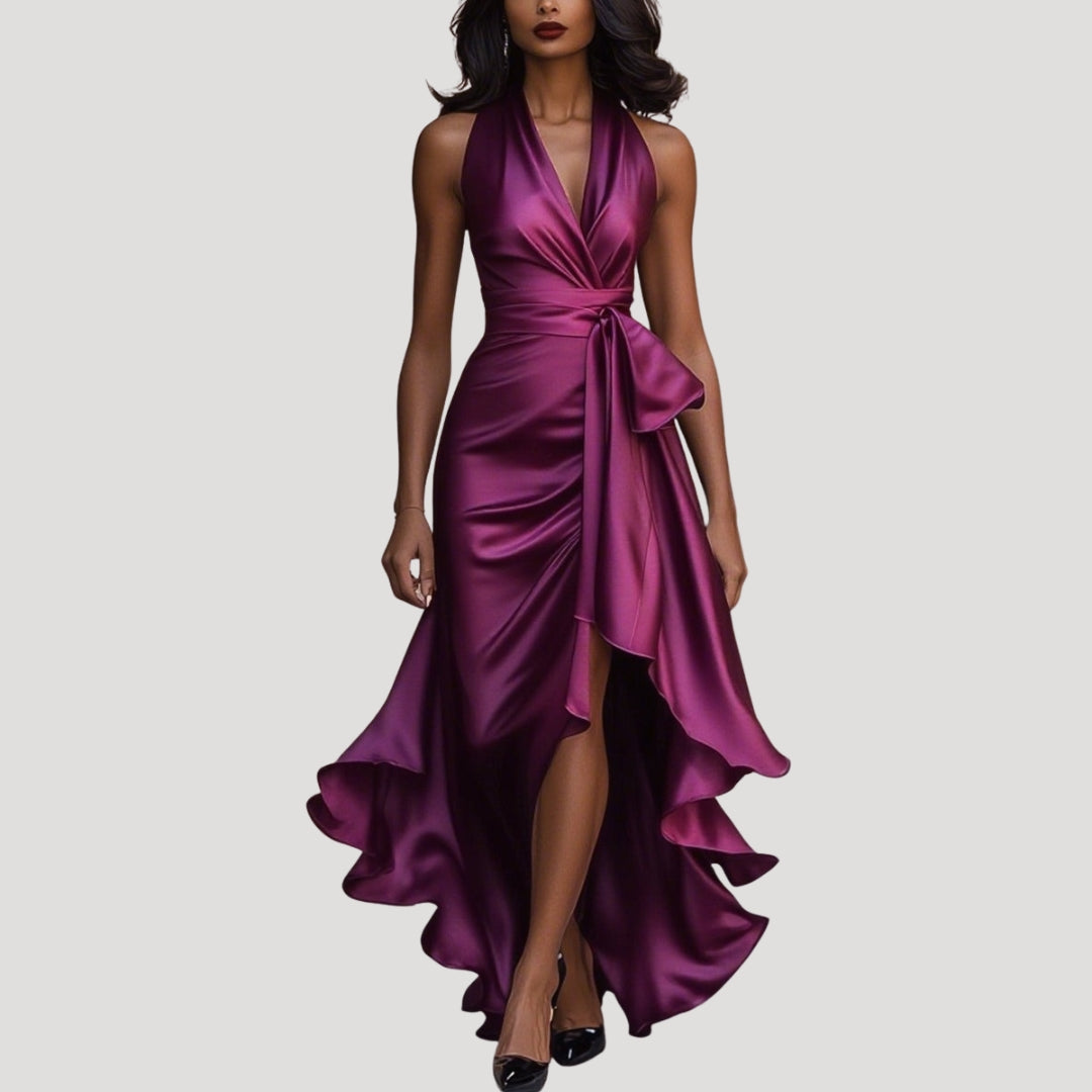 Women’s satin halter wrap midi wedding guest dress