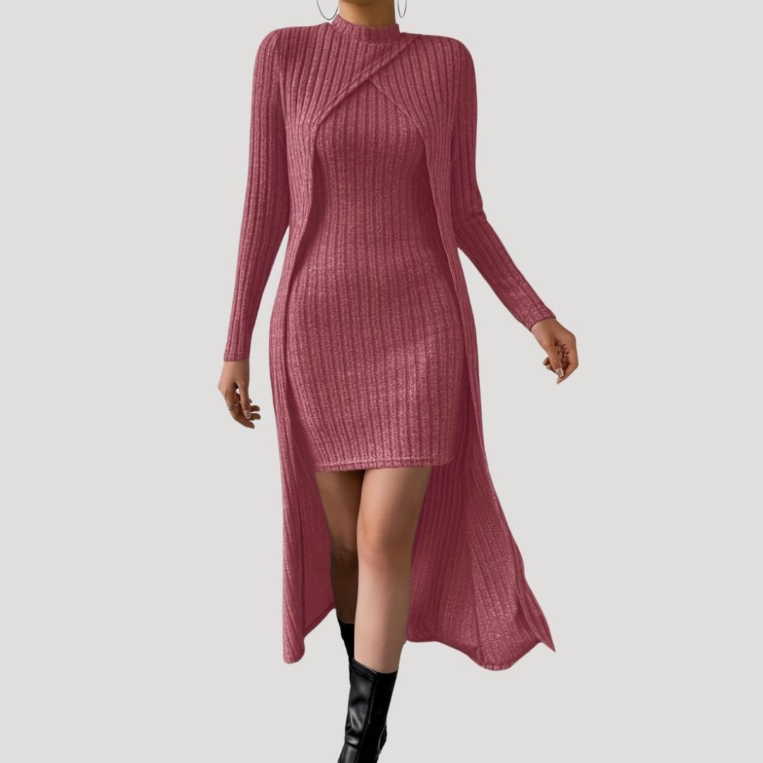 Ribbed knit dress with matching overlay