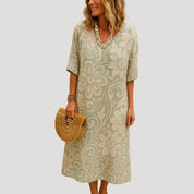 Women’s printed v neck short sleeve midi dress