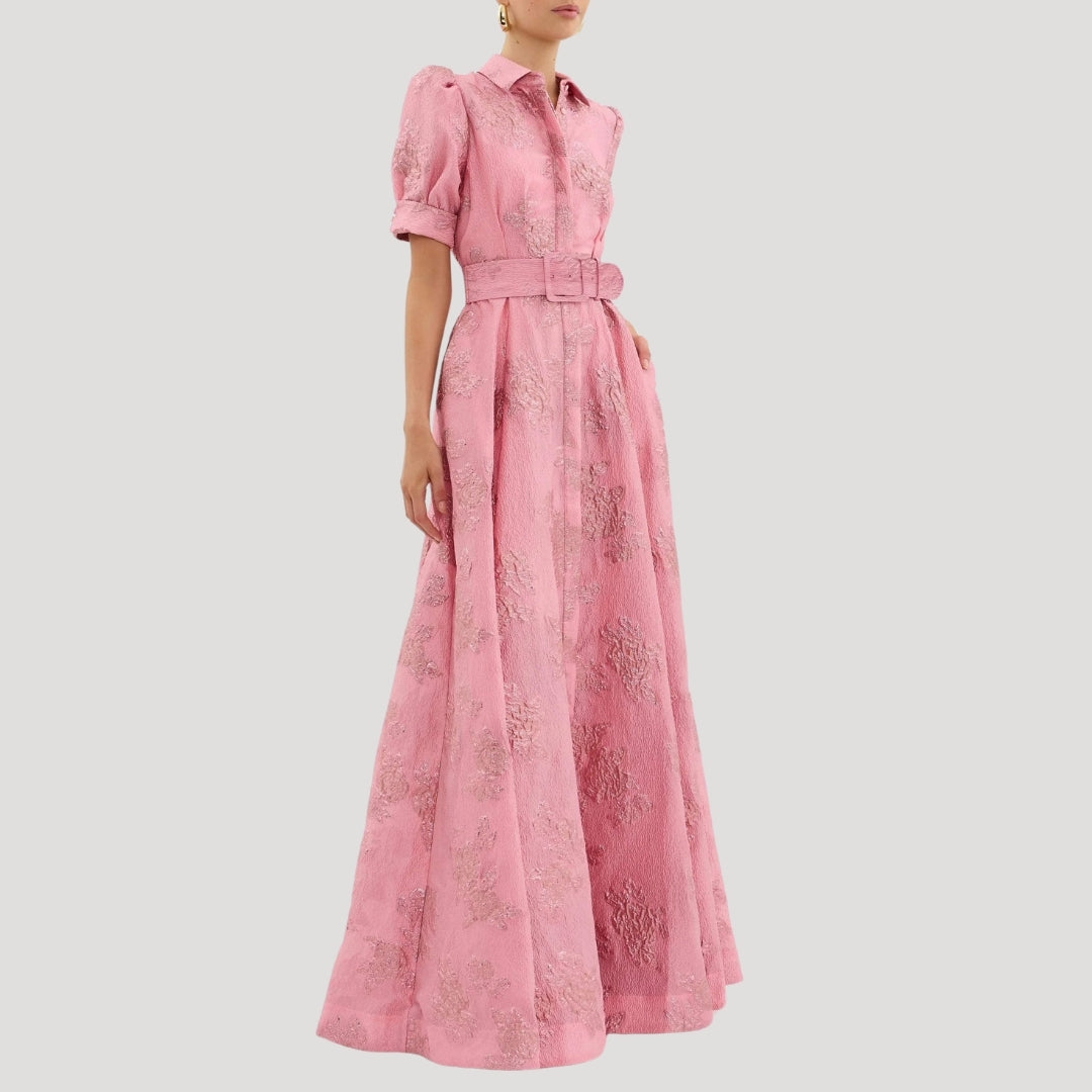 Women’s pink maxi dress wedding guest belted floral