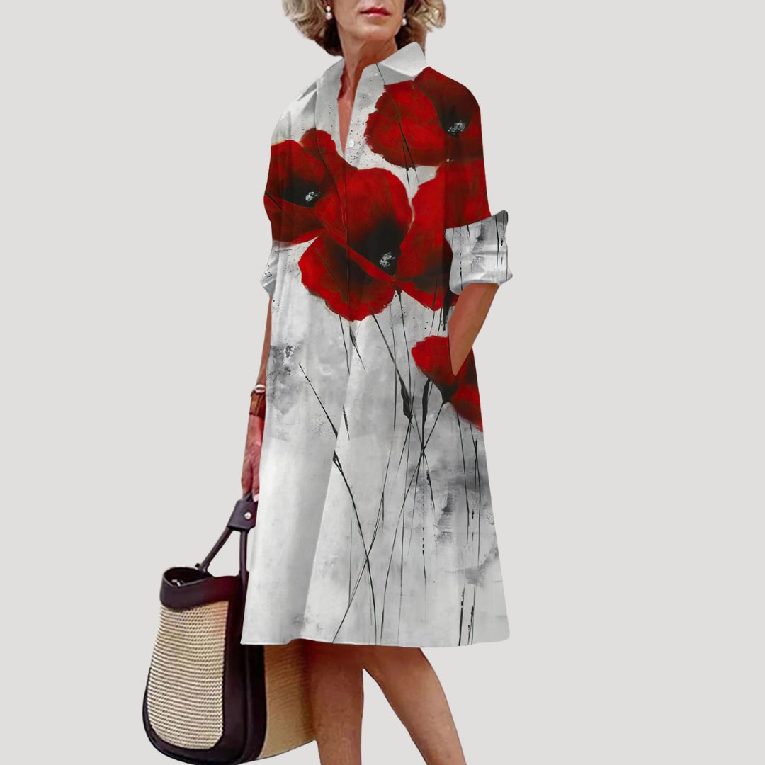 Women’s printed midi shirt dress with long sleeves