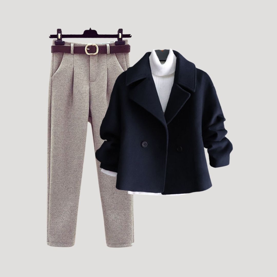 Women’s short wool blend winter coat with trousers
