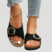 Women’s comfortable buckle slide sandals – flat footbed