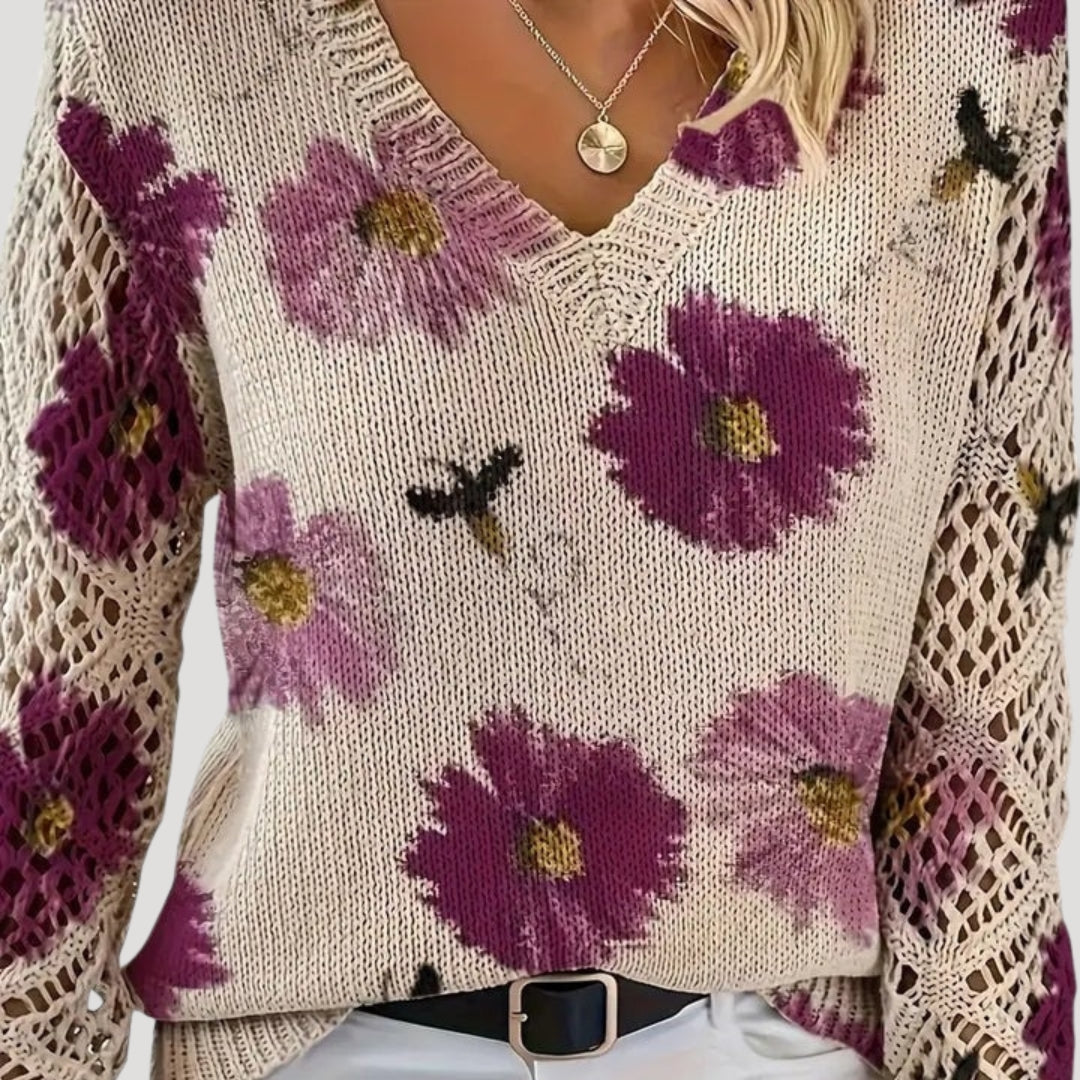 Women v neck floral knit spring jumper