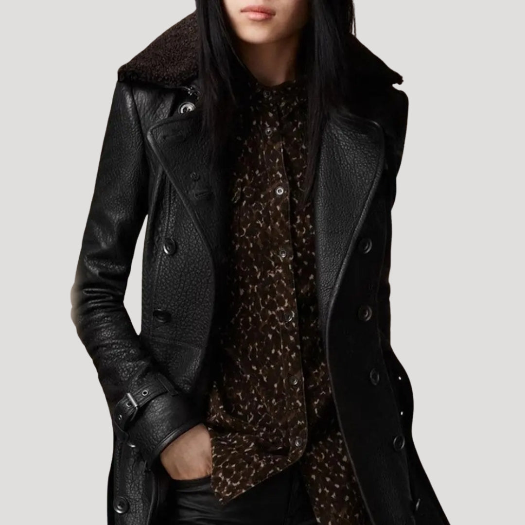 Women leather shearling long coat