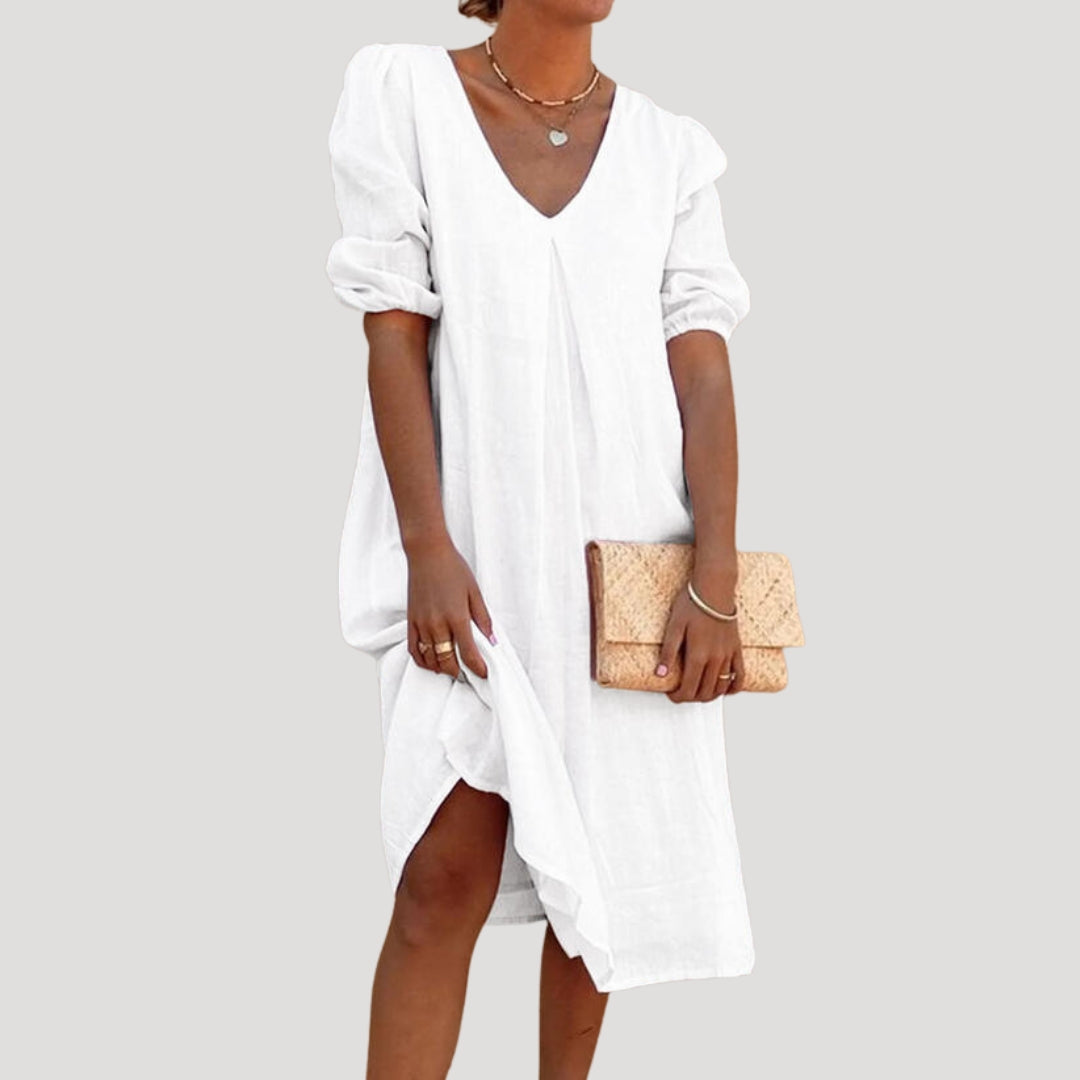 Women’s linen v neck puff sleeve midi dress