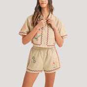 Embroidered linen crop shirt and shorts set