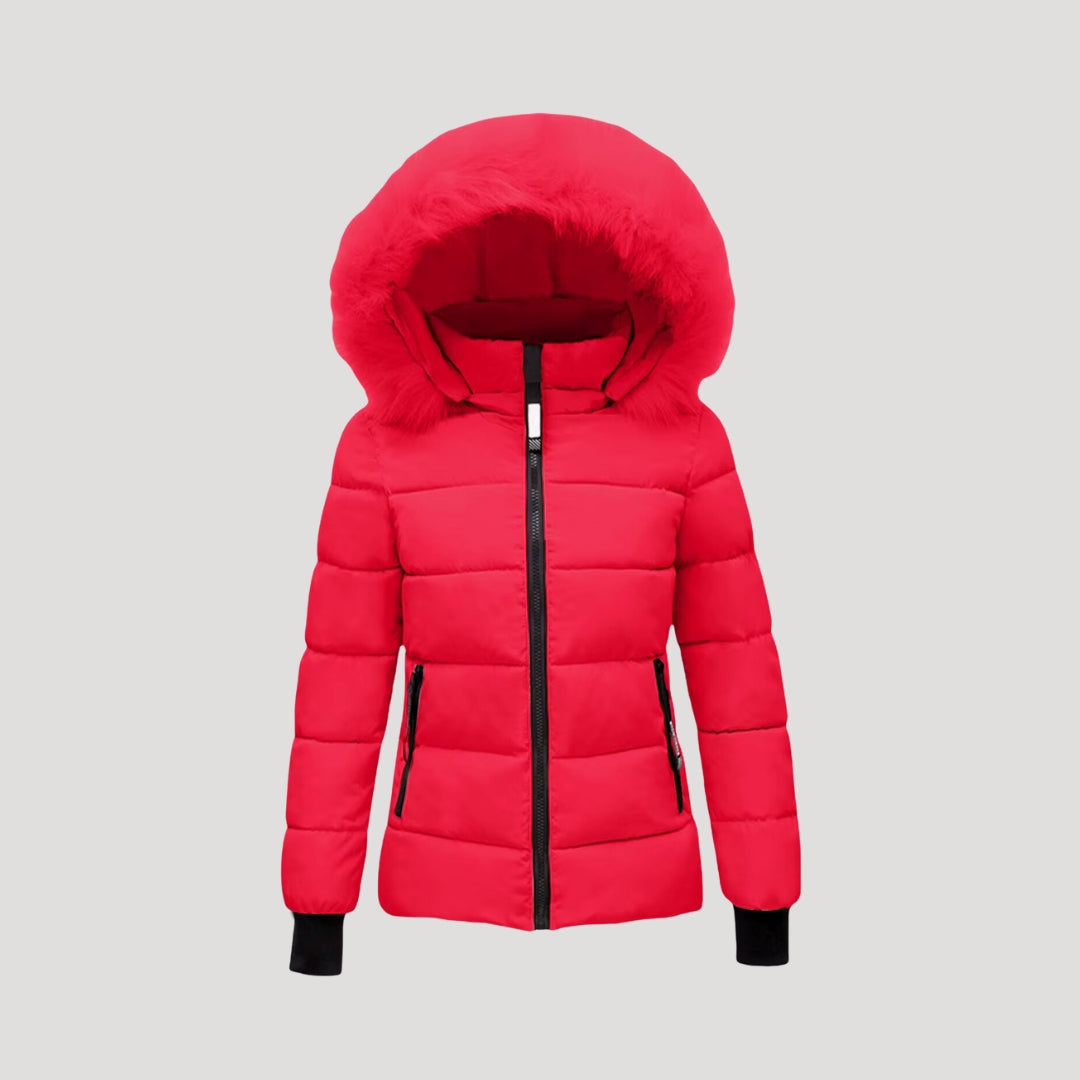 Women short puffer jacket with fur hood