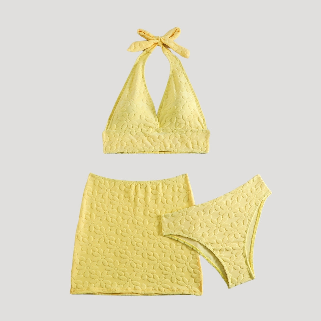 Yellow halter crop top and skirt set