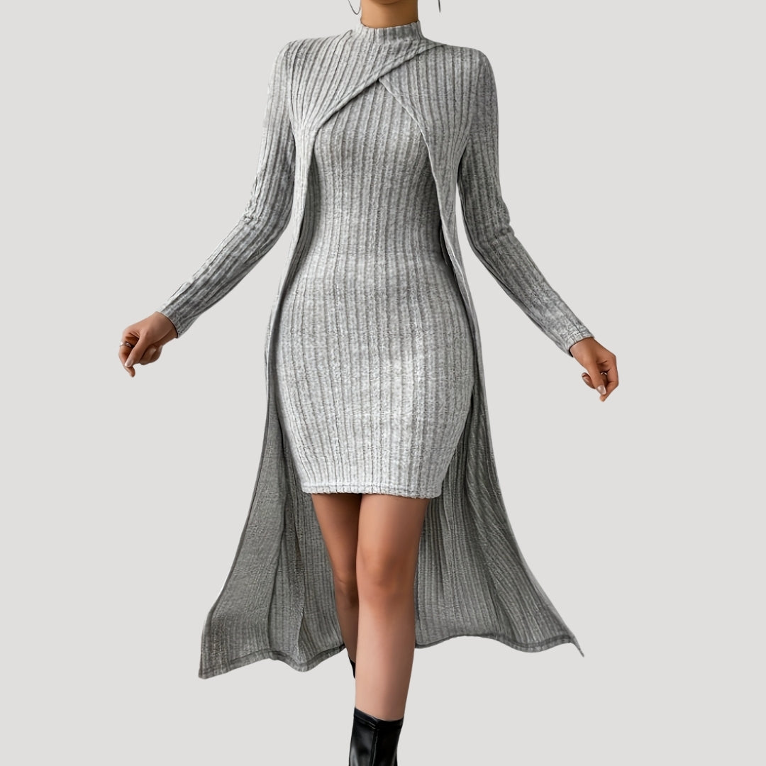 Ribbed knit dress with matching overlay