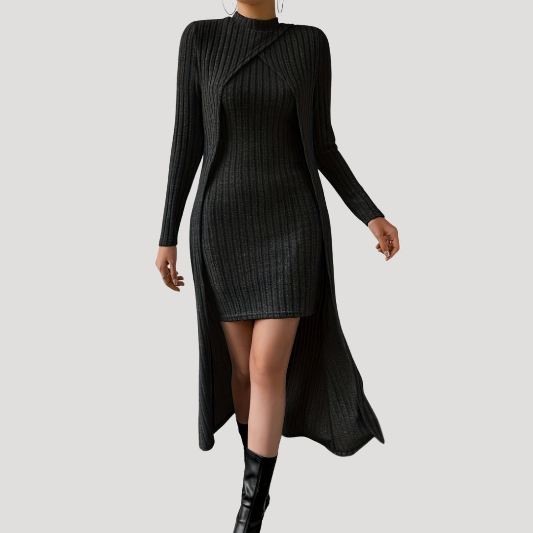 Ribbed knit dress with matching overlay