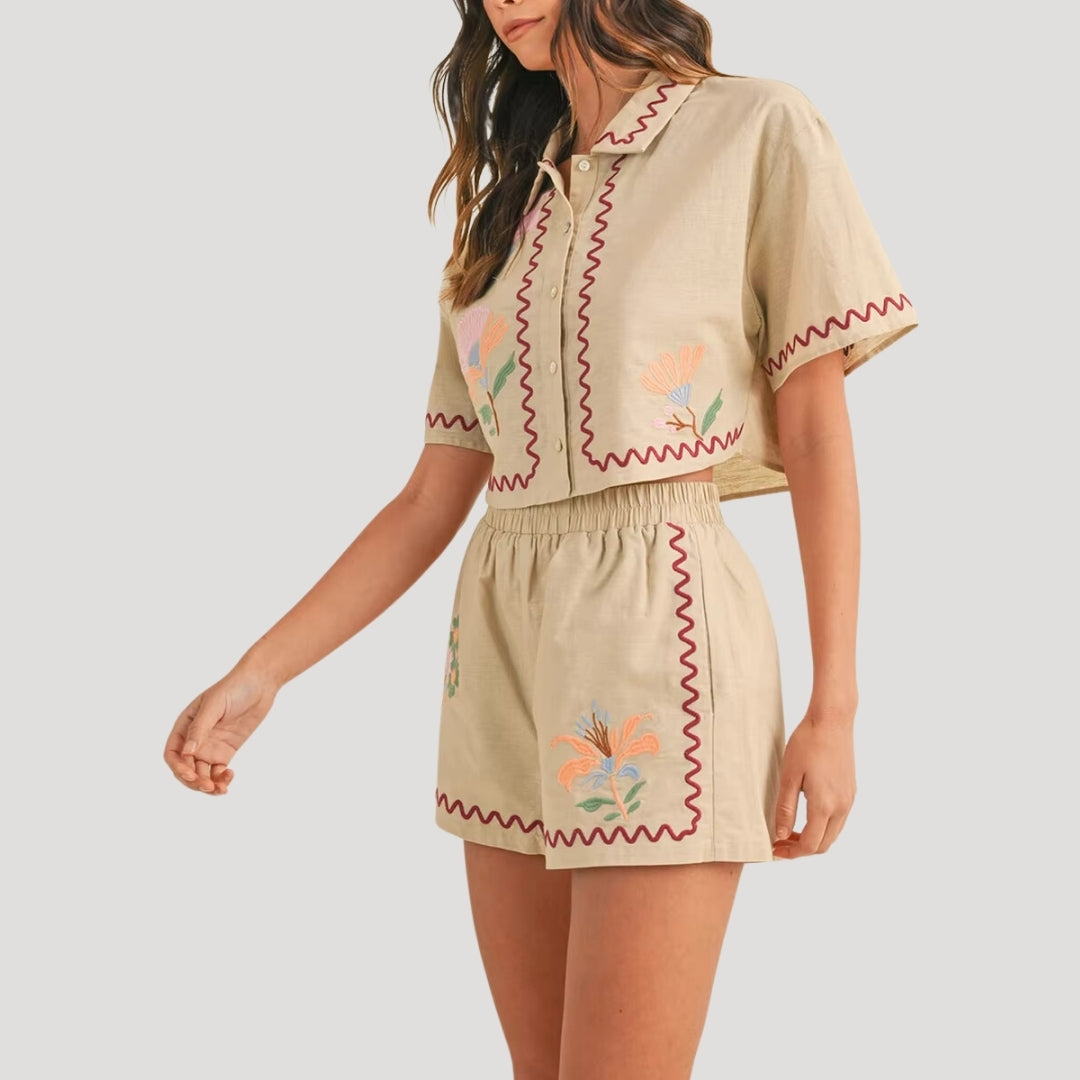 Embroidered linen crop shirt and shorts set