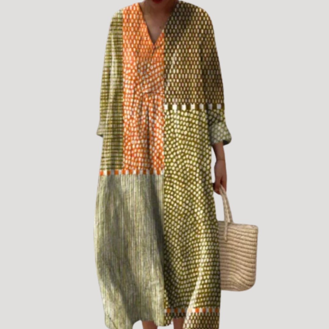 Women’s patchwork printed long sleeve midi dress