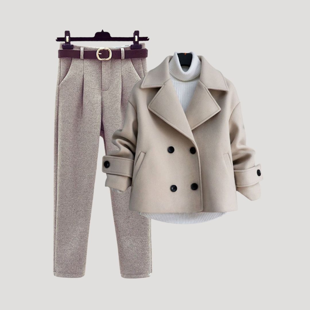 Women’s short wool blend winter coat with trousers