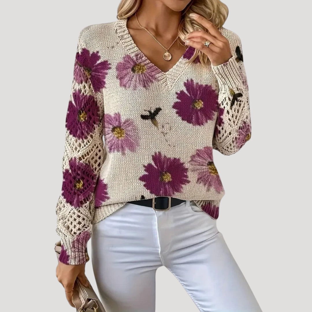 Women v neck floral knit spring jumper