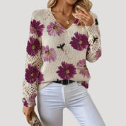 Women v neck floral knit spring jumper