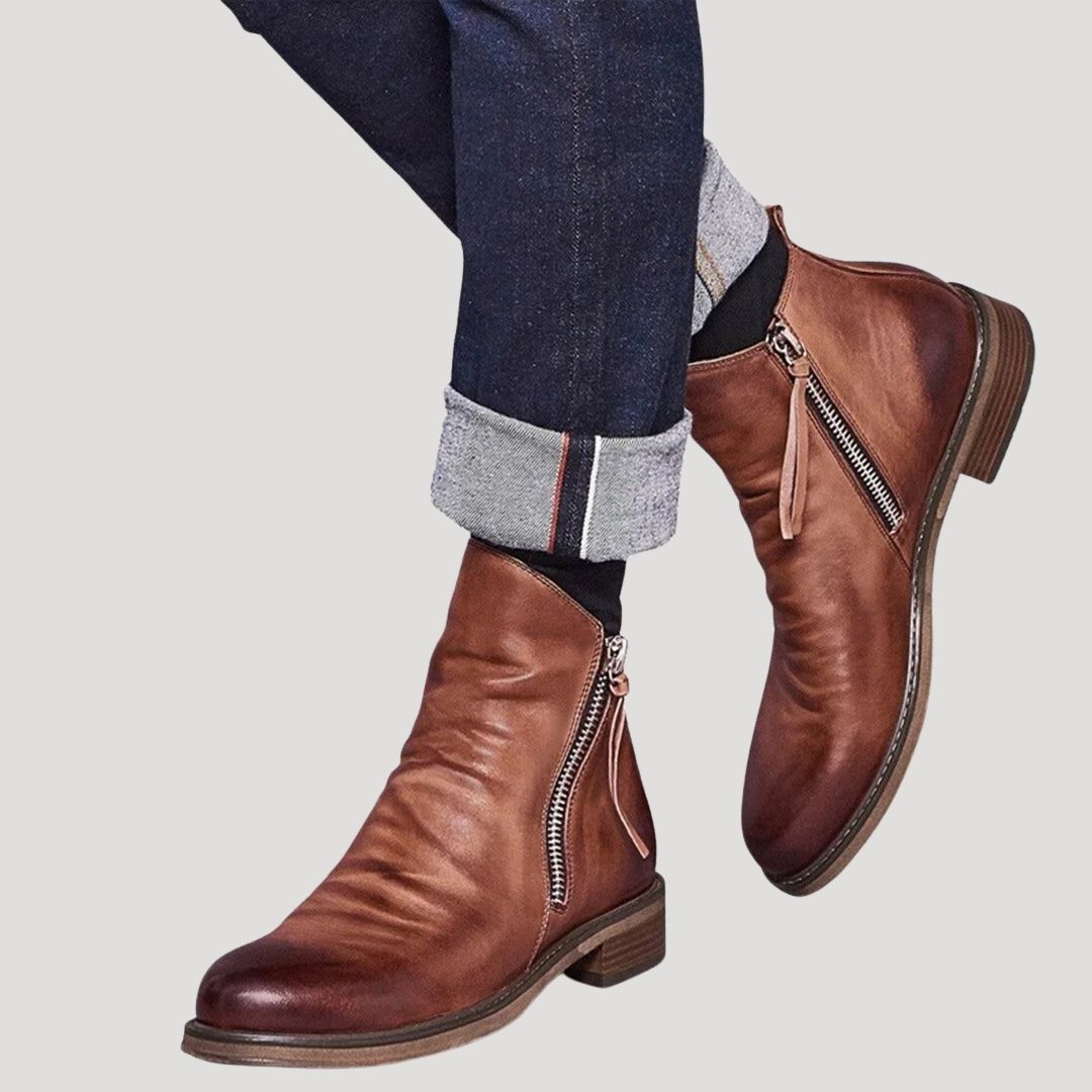 Men's spring leather ankle boots with side zip