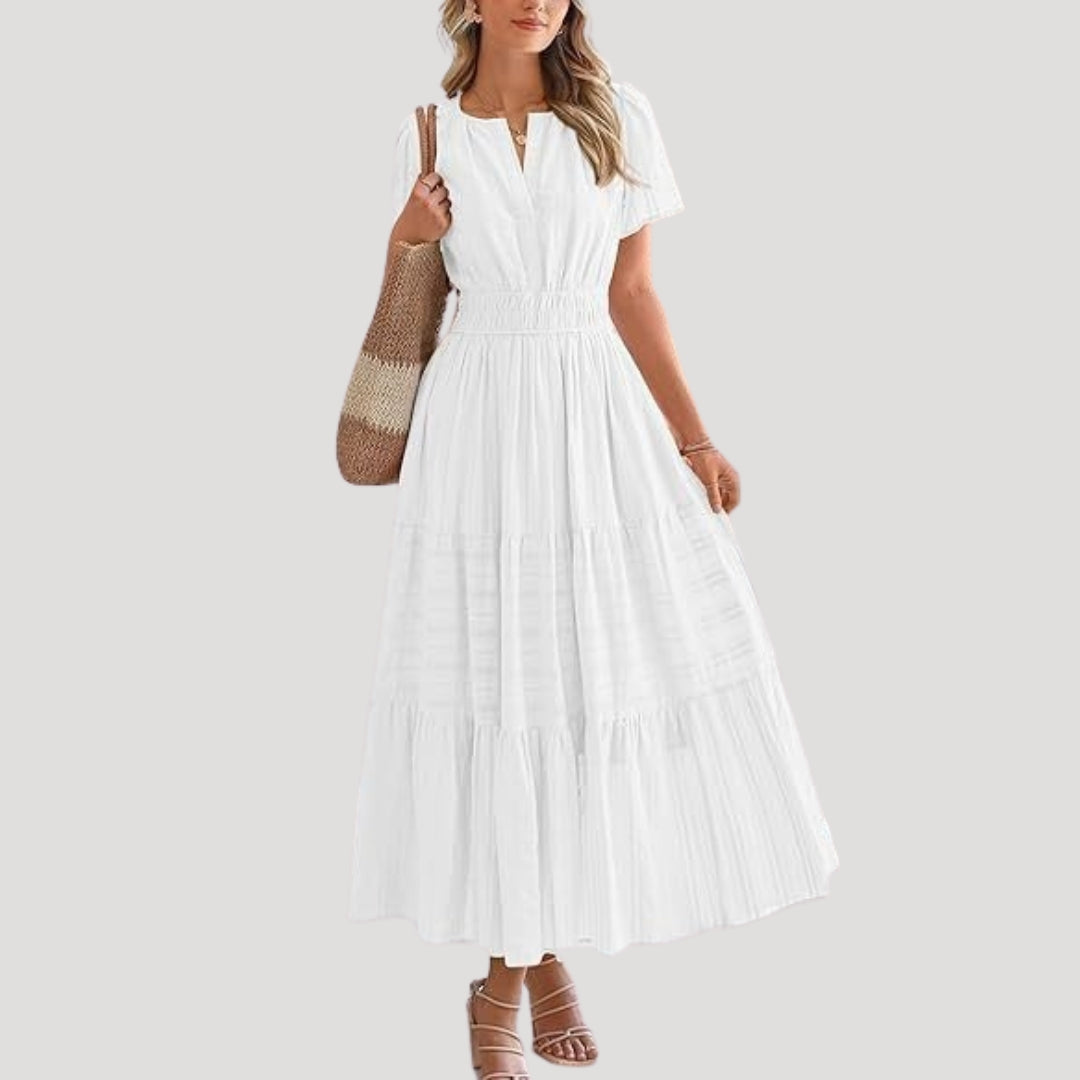 Women’s short sleeve smocked tiered maxi dress