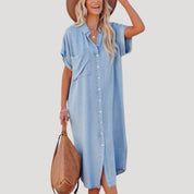 Women’s denim maxi shirt dress short sleeve