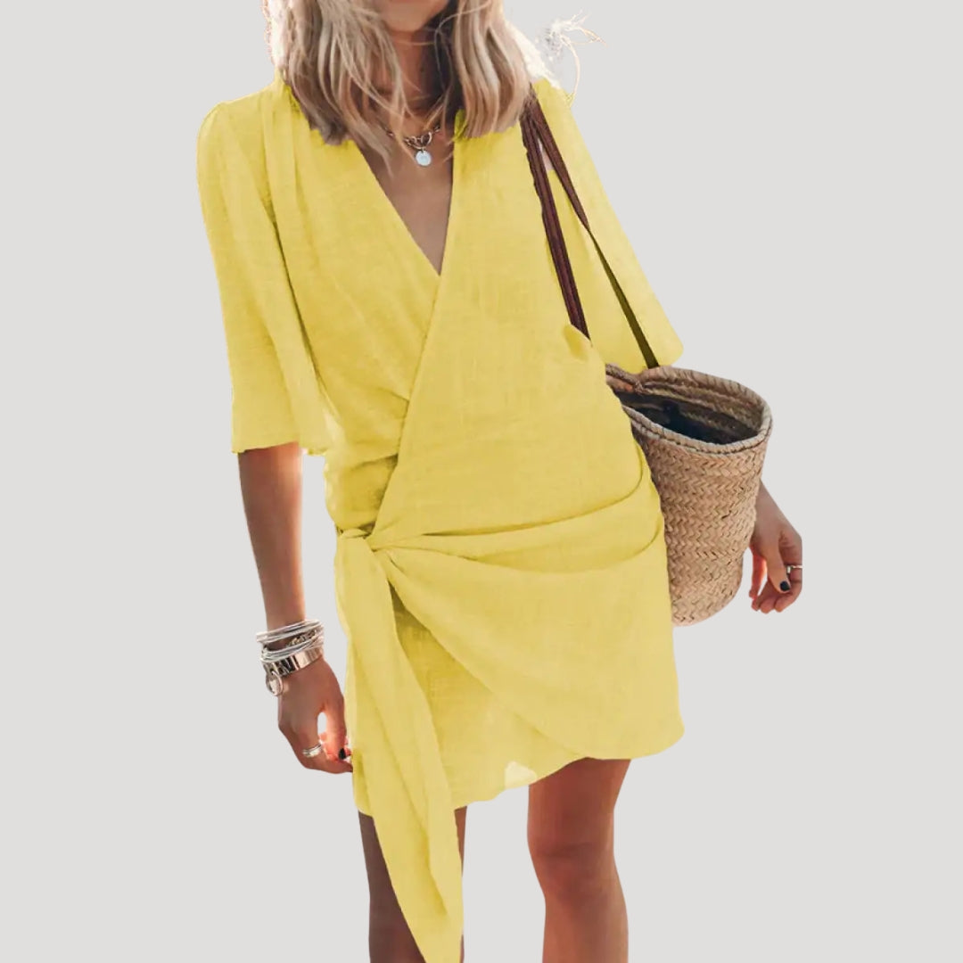 Women’s short sleeve wrap mini holiday dress