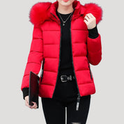 Women short puffer jacket with fur hood