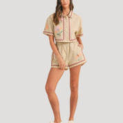 Embroidered linen crop shirt and shorts set