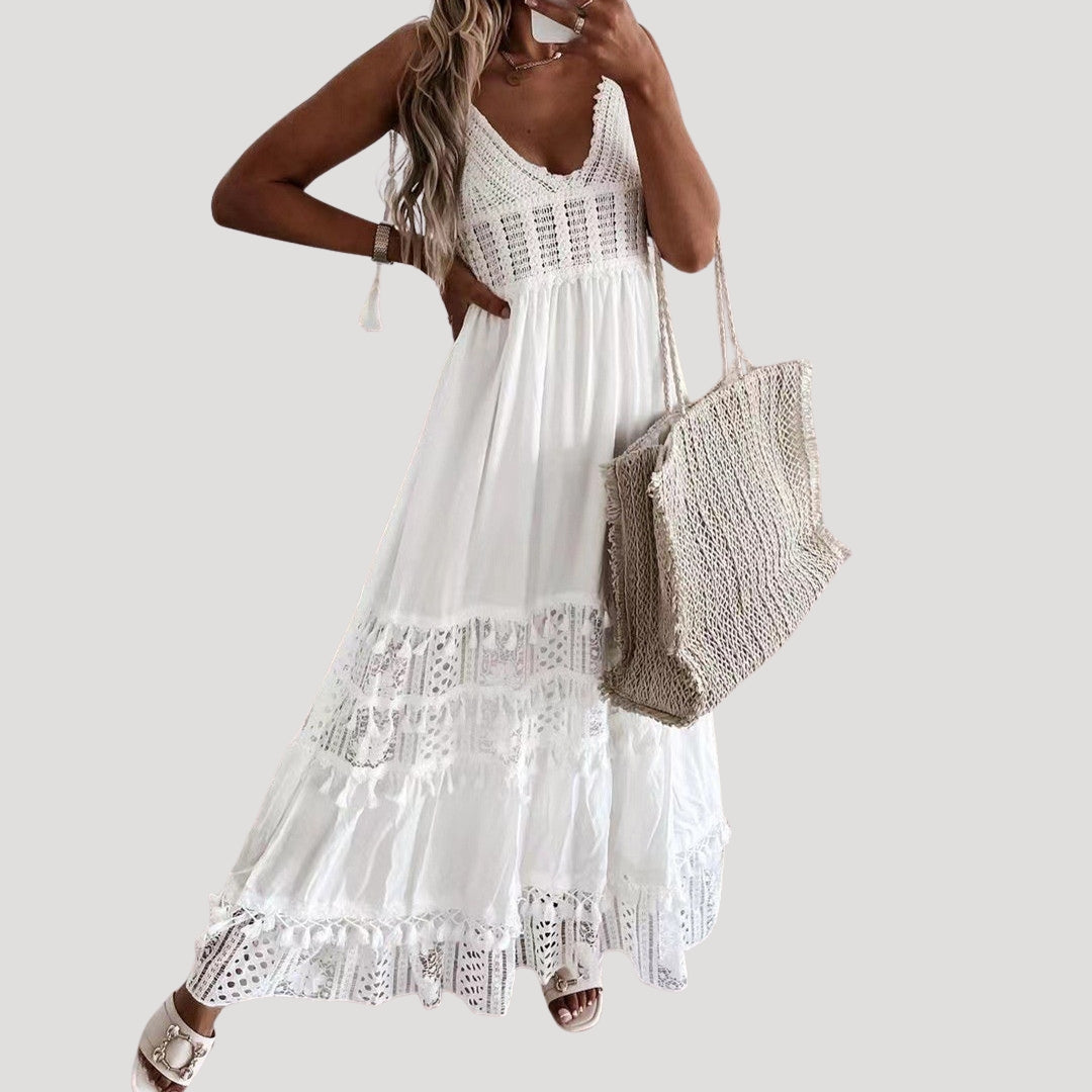 Women’s white lace crochet tiered maxi dress