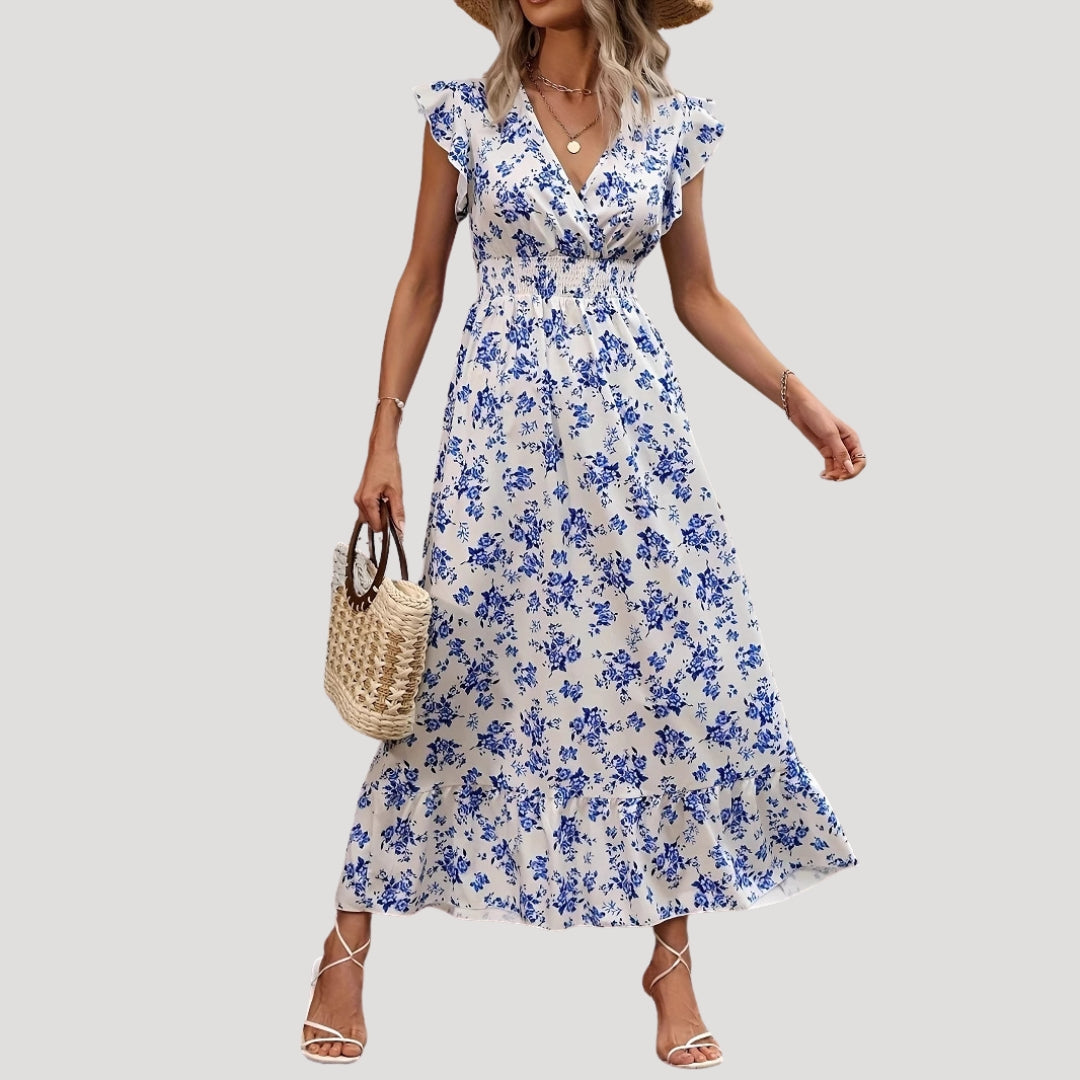 Women’s flutter sleeve v neck tiered maxi dress