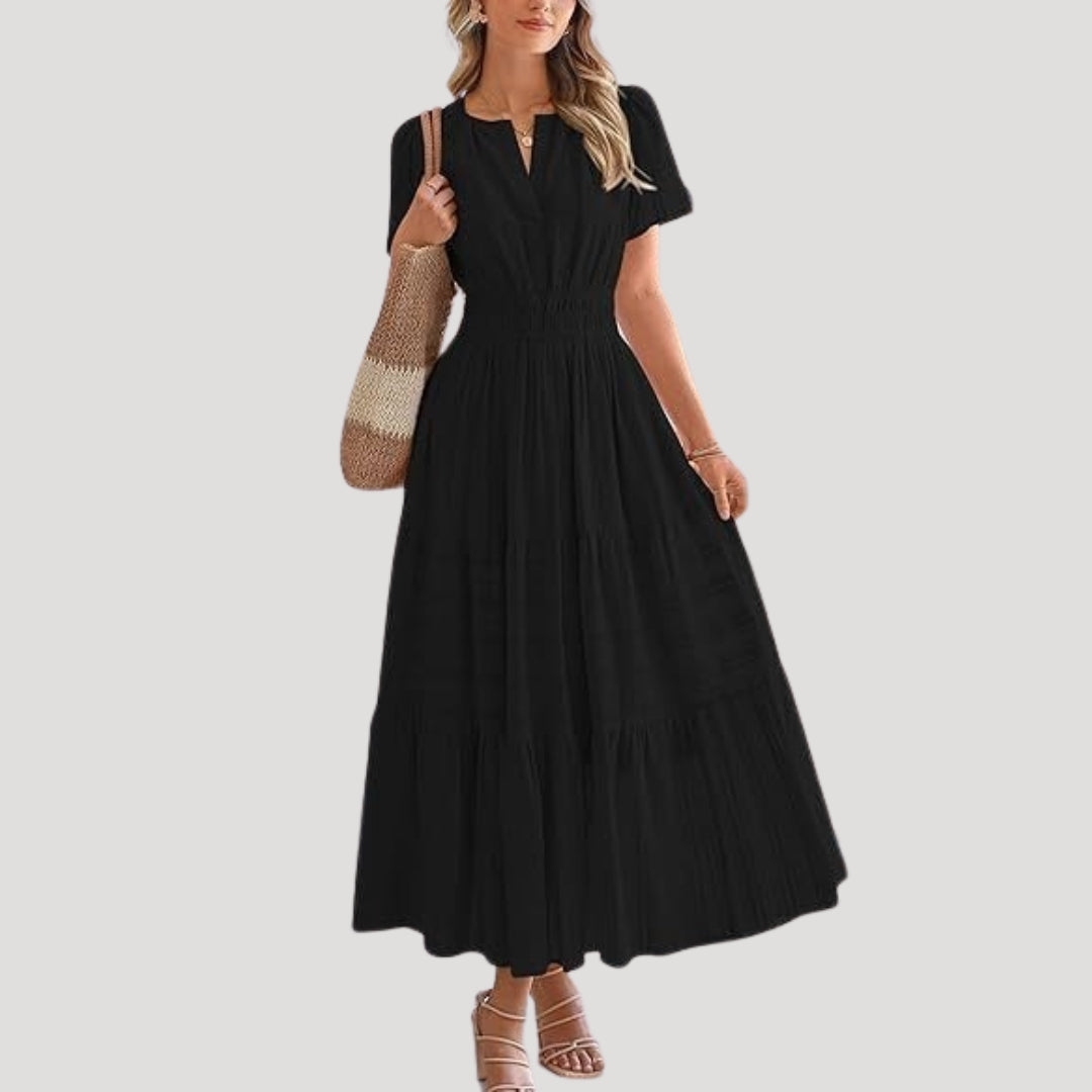 Women’s short sleeve smocked tiered maxi dress