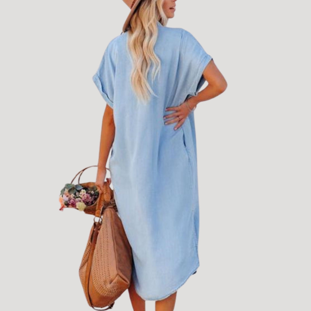 Women’s denim maxi shirt dress short sleeve
