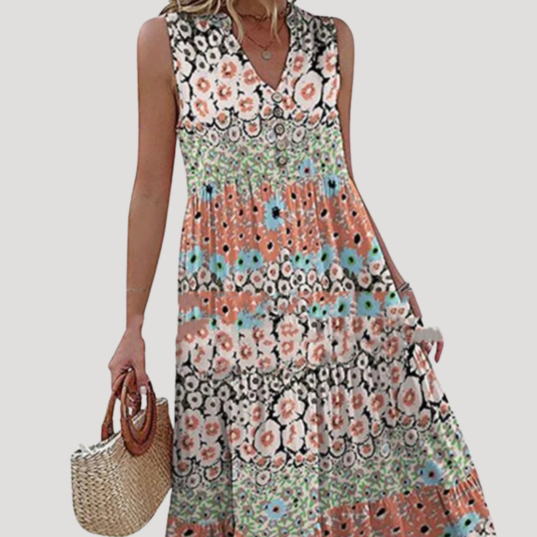 Women’s sleeveless v neck tiered floral midi dress