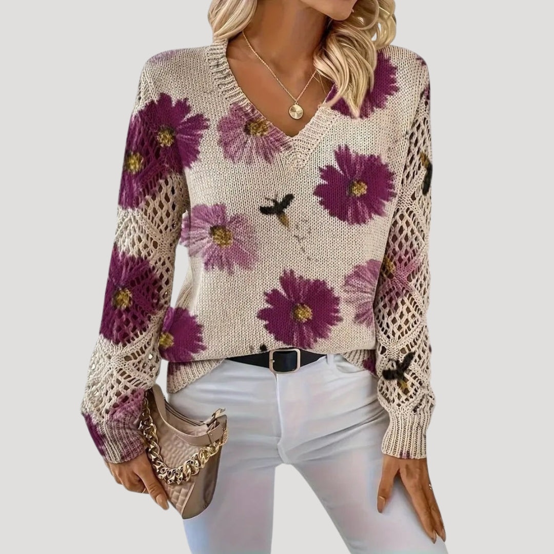 Women v neck floral knit spring jumper