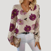 Women v neck floral knit spring jumper
