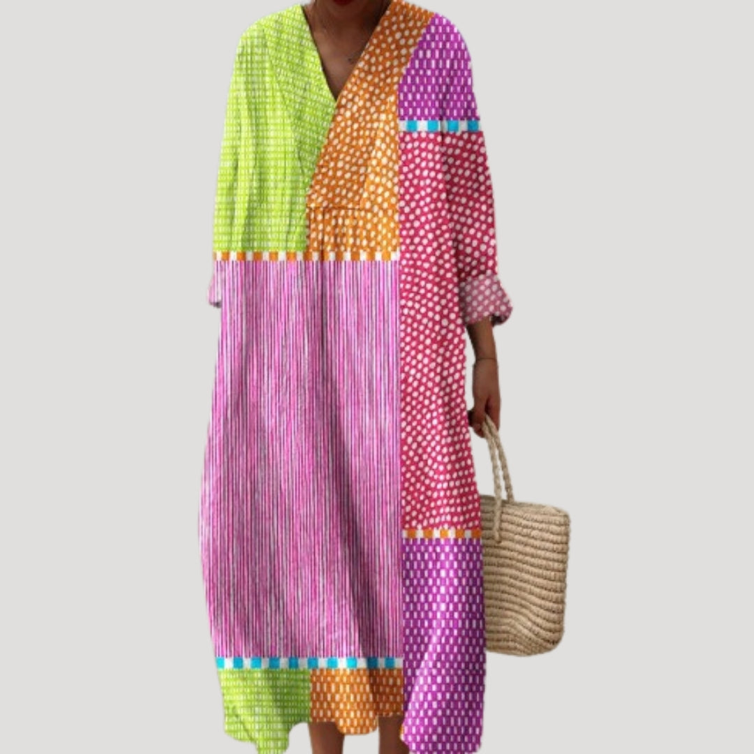 Women’s patchwork printed long sleeve midi dress