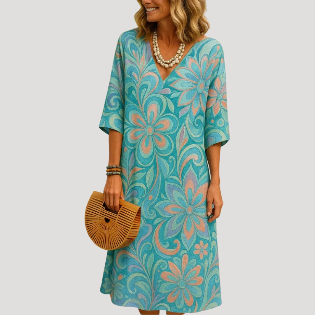 Women’s printed v neck short sleeve midi dress