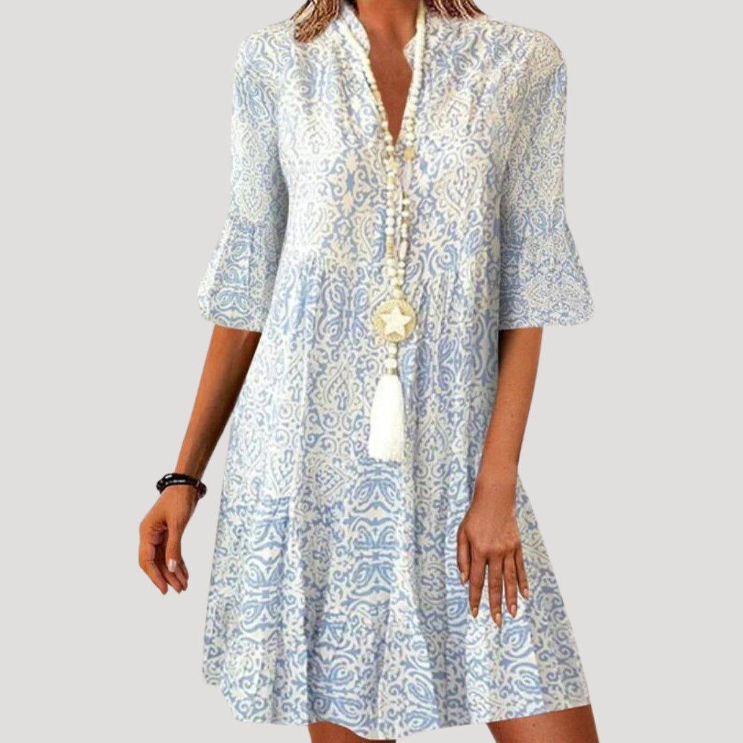 Women’s printed v neck knee length long sleeve dress