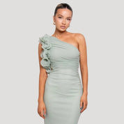 Women's one shoulder ruffle maxi wedding guest dress