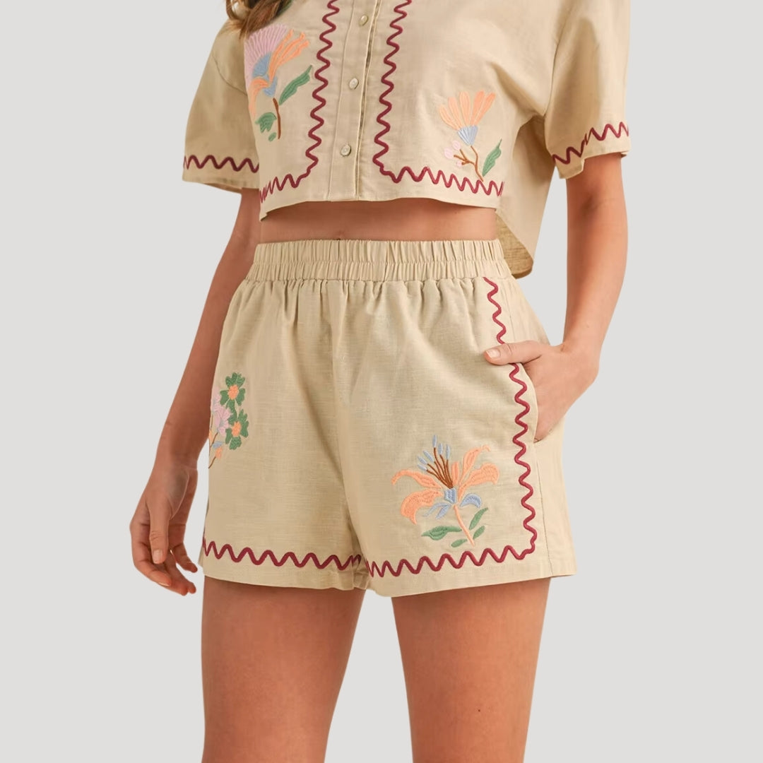 Embroidered linen crop shirt and shorts set