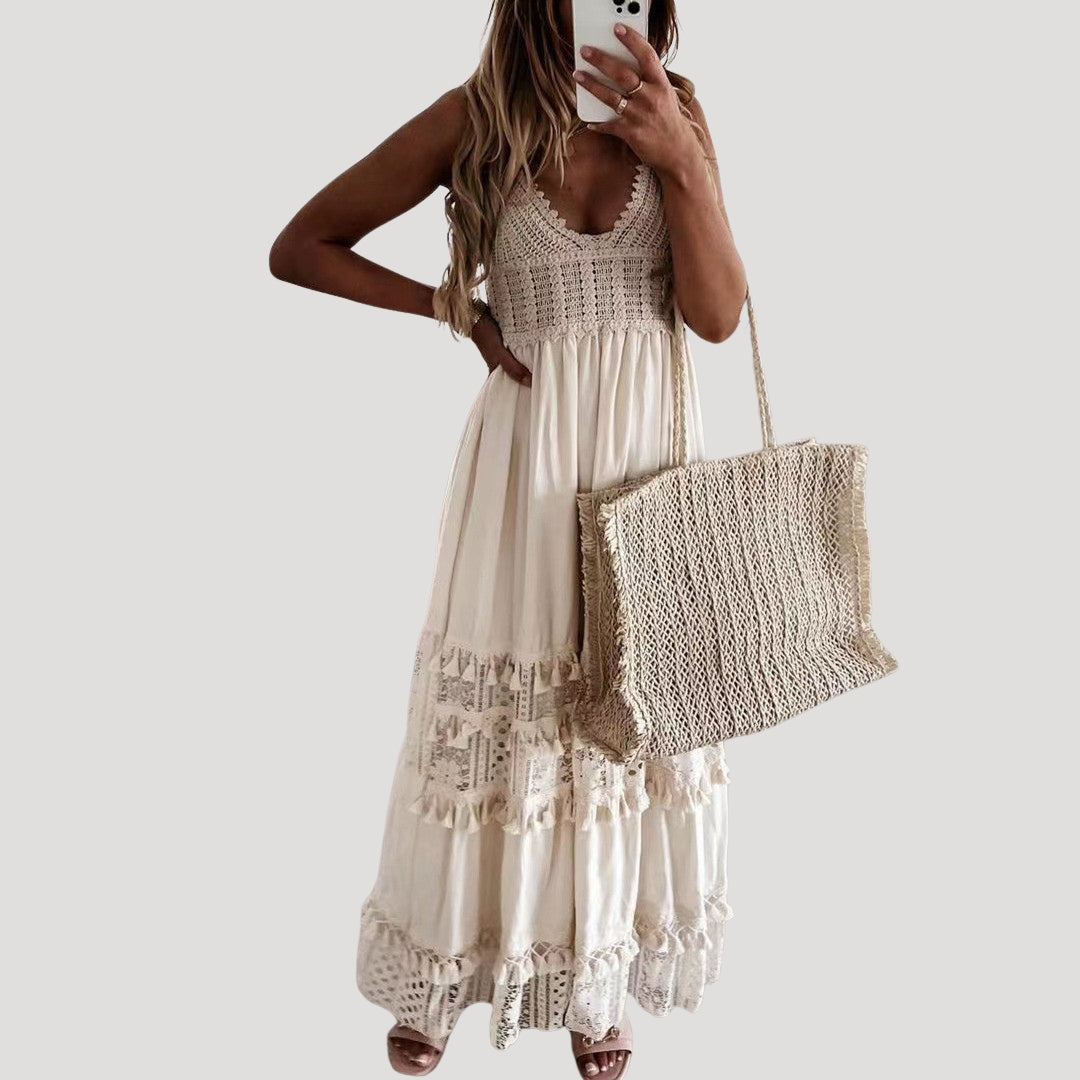 Women’s white lace crochet tiered maxi dress