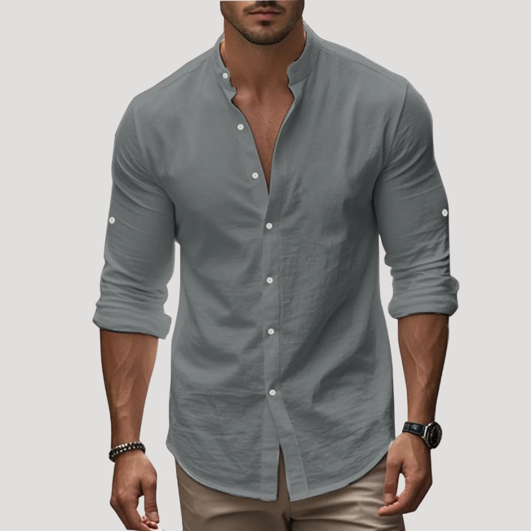 Men’s linen grandad collar long sleeve shirt