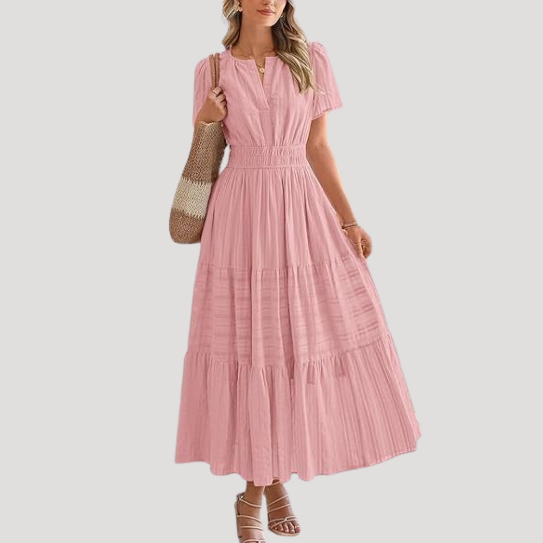 Women’s short sleeve smocked tiered maxi dress
