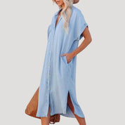Women’s denim maxi shirt dress short sleeve