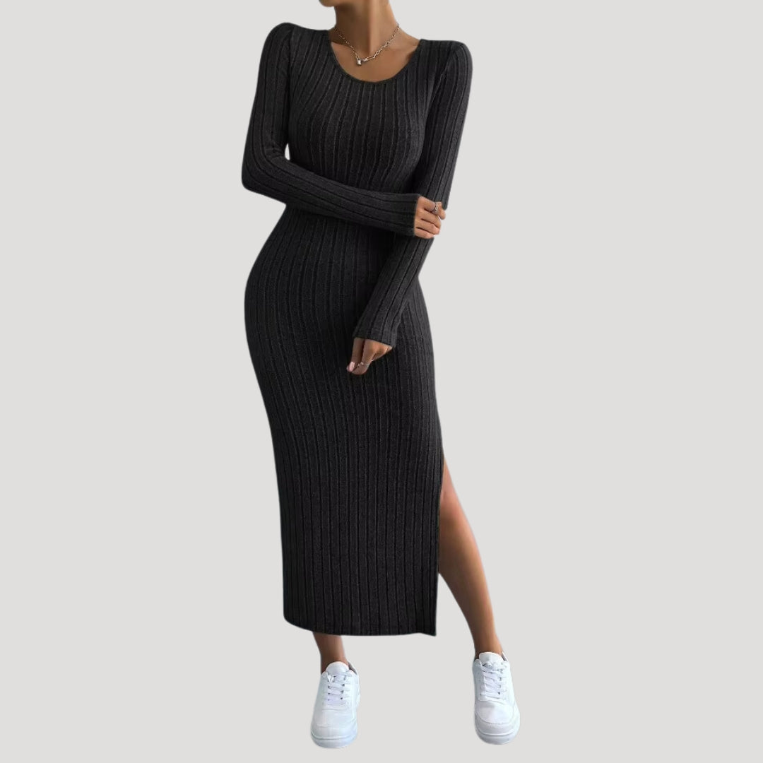 Ribbed knit long sleeve midi dress