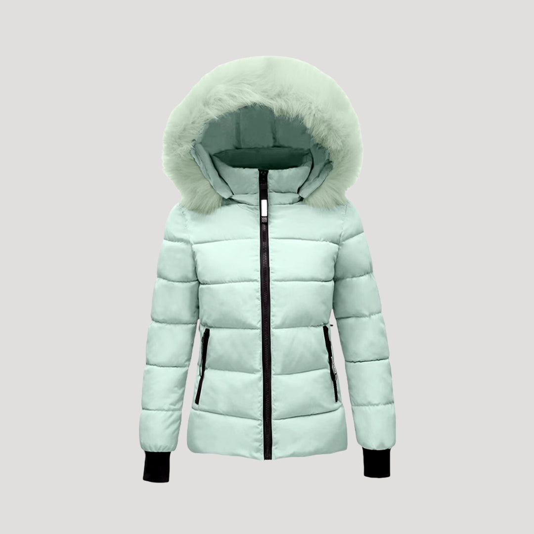 Women short puffer jacket with fur hood