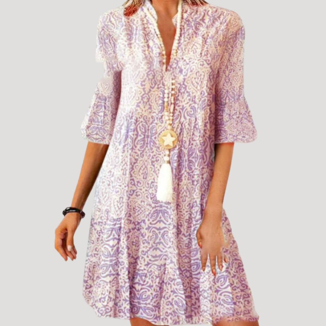 Women’s printed v neck knee length long sleeve dress