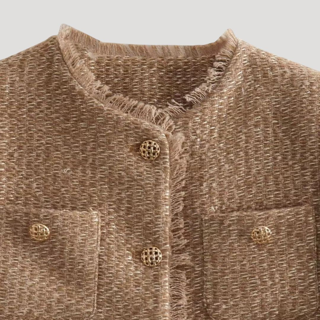 Women’s wool boucle cropped winter camel jacket